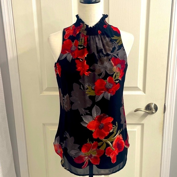 Elegant Sleeveless Black Floral Blouse Lined Ruched High Neck Back Zipper Sz XS - Picture 1 of 11